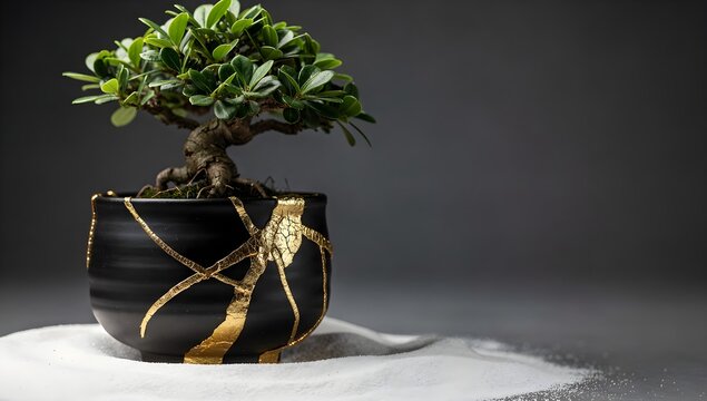 Miniature bonsai tree growing in black kintsugi cup with gold repair cracks on white sand and dark grey background with copy space symbolizing resilience and healing