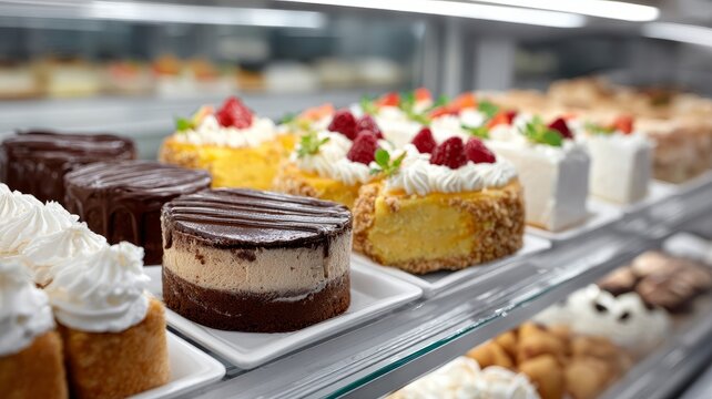 Assortment of colorful pastries and cakes in bakery display case