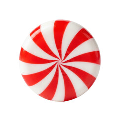ultra-realistic macro shot of a single, glossy, red and white peppermint hard candy with a pinwheel spiral pattern, isolated on a transparent background. concept of classic holiday confection