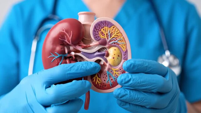 Kidney model held by gloved hands.