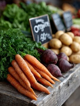 Organic carrots and fresh vegetables displayed at farmer's market