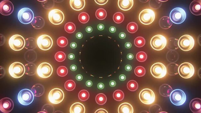 A mesmerizing pattern of colorful glowing lights arranged in a circular formation on a dark background