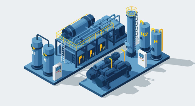Industrial machinery and equipment complex isometric illustration.