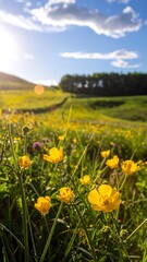 Fototapeta premium Sunny meadow with buttercups in the foreground, rolling hills and sky behind