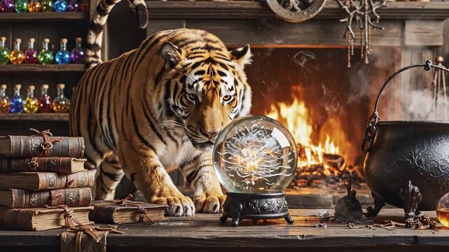 A tiger peers into a crystal ball on a table surrounded by books and a bubbling cauldron in front of a fireplace