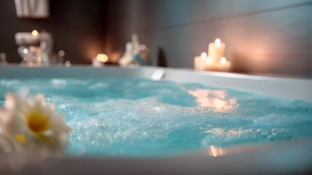 Therapy stress release treatment, health lifestyle. A luxurious spa setting with a white flower floating in a hot tub filled with water and illuminated by candles, creating a tranquil atmosphere.