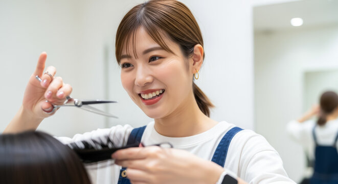 美容師がヘアサロンで女性客の髪をカットするシーン：ハサミを持つ手元とプロの技術