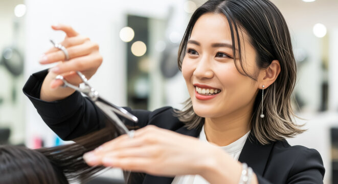 美容師がヘアサロンで女性客の髪をカットするシーン：ハサミを持つ手元とプロの技術