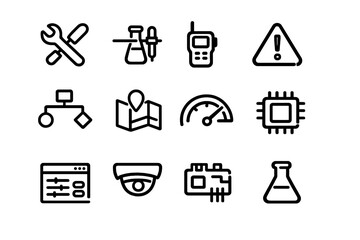 Set of industrial and technology line icons including tools science equipment communication devices and security systems for interface