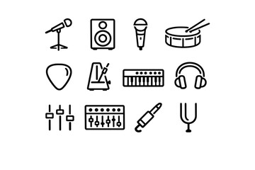 Obraz premium Collection of musical instrument and audio equipment line icons including microphone speaker drum keyboard headphones and mixer
