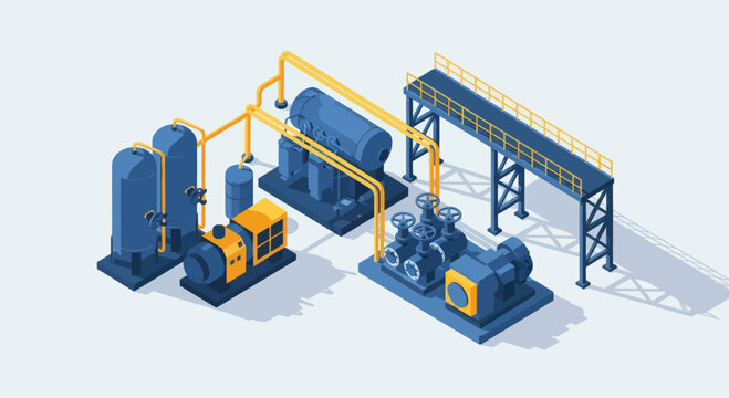 Industrial Plant Equipment with Pumps and Tanks.