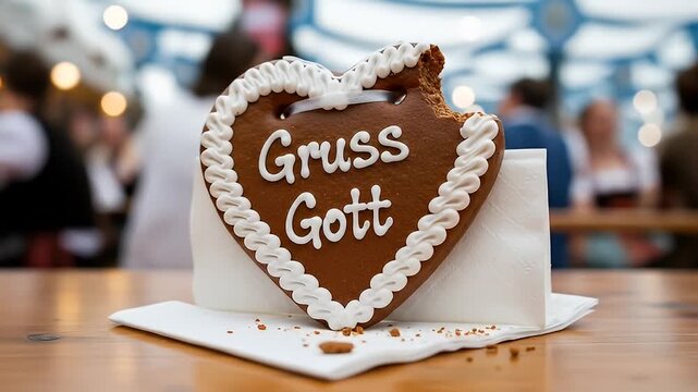 A beautifully decorated gingerbread heart with a bite taken out, set on a wooden table at a festive outdoor event with blurred people in the background