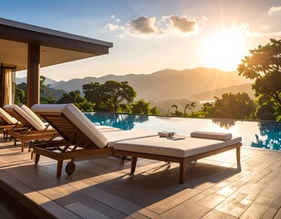Fototapeta premium Sunny scene lounge chairs poolside overlooking mountain range at sunset with bright light