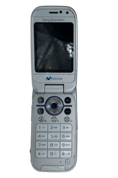 Madrid, spain 20 february 2026. A vintage sony ericsson cellular phone displaying movistar branding