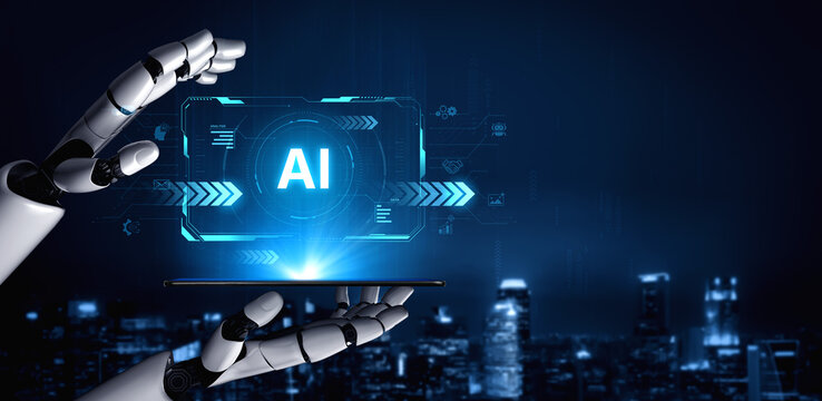 A self-aware AI assistant displays its central processing hub on a futuristic interface. This generative technology demonstrates its capabilities in machine learning and data analysis. Fermion