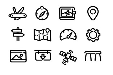 Collection of travel and navigation line icons including compass map pin satellite and signpost on white background © PAPA STOCK