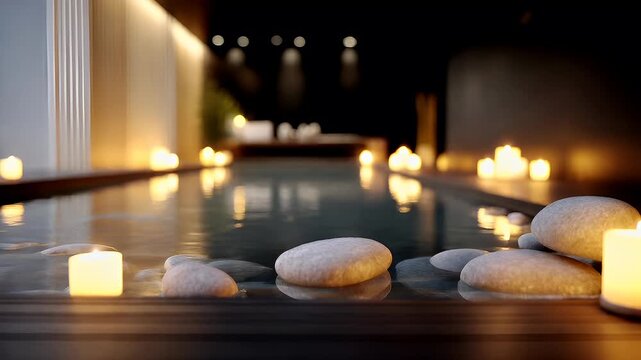 Therapy stress release treatment, health lifestyle. A tranquil spa setting with floating candles and pebbles on a wooden surface.