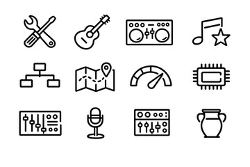 Collection of black line icons featuring tools music instruments technology and navigation symbols on a white background © PAPA STOCK