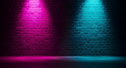 Two colored spotlights on a brick wall background