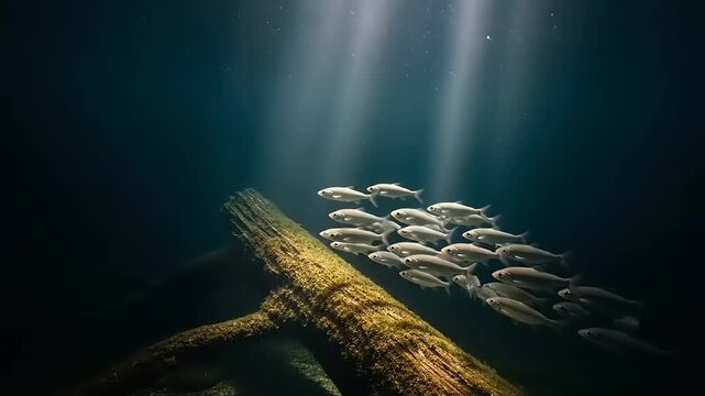 School of Fish Swimming Underwater Near Log.