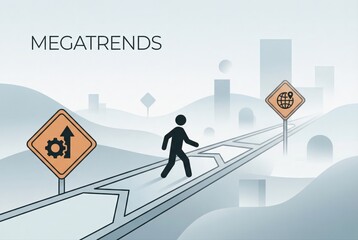 Exploring Megatrends in a Dynamic Future Landscape Reflecting Growth and Global Connectivity Against a Minimalist Backdrop of Abstract Geometric Forms