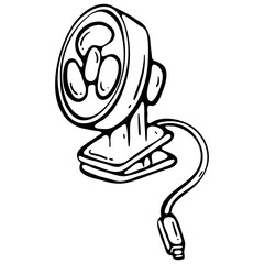 USB camping fan icon, portable cooling device for van life, outdoor vector doodle