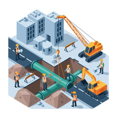Isometric illustration of construction workers installing large pipes underground. © Molen