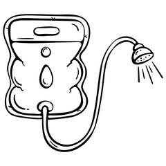 Solar camping shower bag, portable outdoor hygiene icon, van life vector doodle