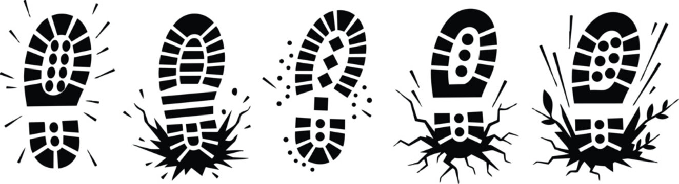 Flat design close up boot print stamps with cracked ground debris trail five black silhouettes low angle mud splatter wear