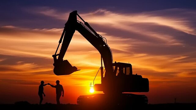 Construction workers overseeing excavator at sunset silhouette.