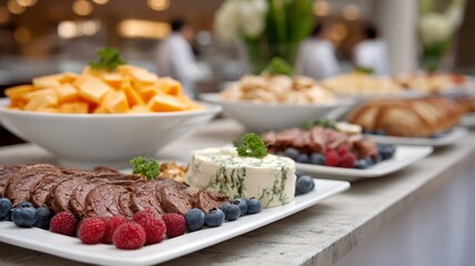 Gourmet charcuterie platter with assorted cheeses and fruits