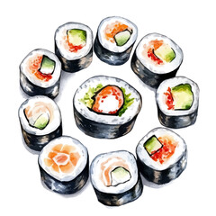 watercolor of Sushi Rolls Arranged In A Spiral Pattern illustration, isolated on a white background. © Vendrix