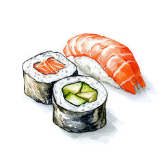 Sushi Nigiri With Wasabi And Pickled Ginger, drawing watercolor, vector isolated on a white background. © Vendrix