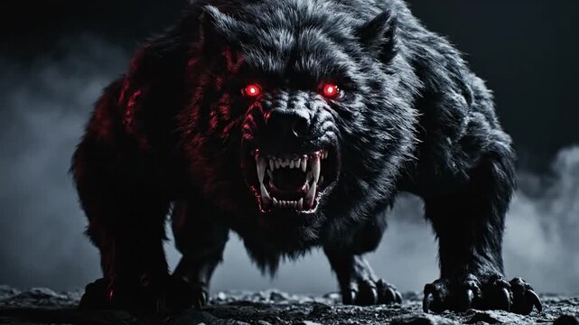 Furious black werewolf monster with glowing red eyes at night