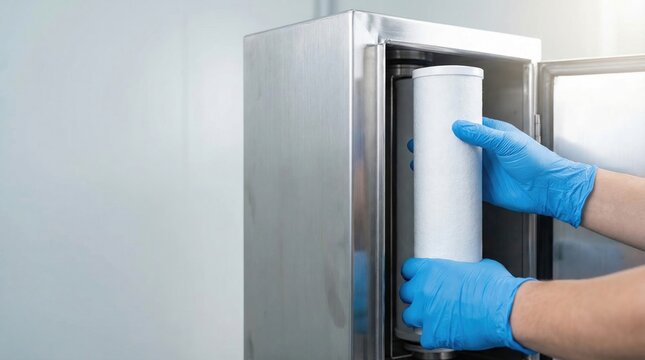A technician in blue gloves is replacing a large white water filter cartridge in a stainless steel industrial filtration system.