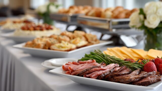 Gourmet buffet spread with various meats and cheeses in elegant setting