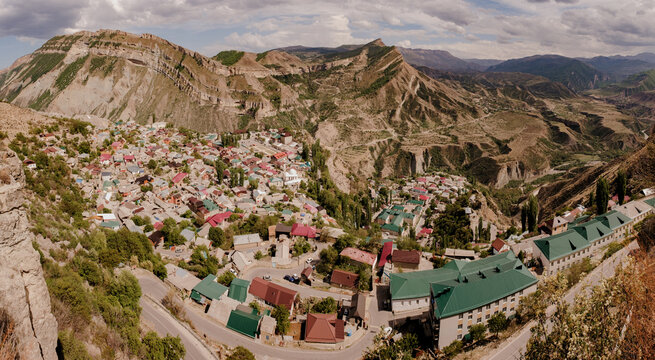 Gorgeous picturesque highway in Republic of Dagestan in Russia. Tourist destinations and hikiing in Dagestan. The nature of mountains and gorges. Different geological rocks of the Caucasus Mountains.