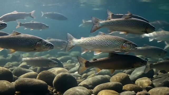 School of Salmon Swimming Over Riverbed.