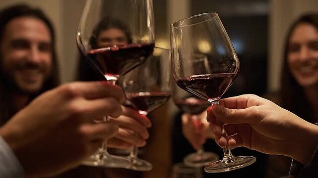 Hands clinking red wine glasses at candlelit dinner party, warm intimate atmosphere, crystal reflections, cinematic lifestyle photography close-up scene.