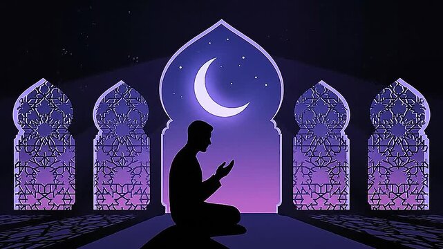 Silhouette of man praying inside ornate mosque archway with crescent moon, stained glass shadows, serene spiritual night scene composition.