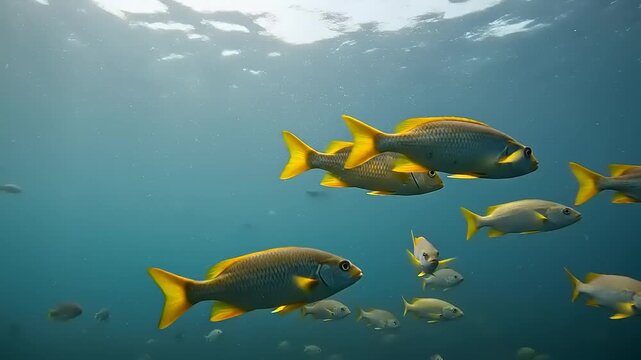 School of Yellowtail Fusilier Fish Swimming Underwater 1.