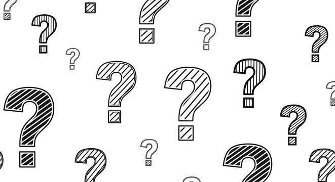 Repeated hand-drawn question marks on white background, suggesting uncertainty or queries