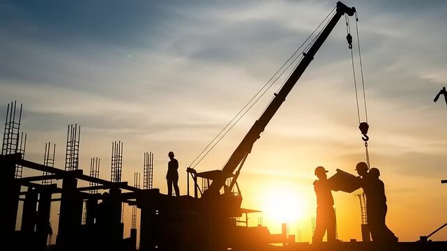 Construction workers silhouetted against a vibrant sunset sky.
