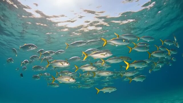 School of Yellowtail Fusilier Fish Swimming Underwater.