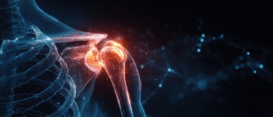 Fototapeta premium Abstract medical illustration of a human shoulder joint with a red glowing pain area. Futuristic blue wireframe skeleton background with copy space