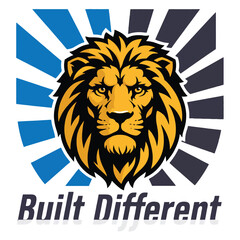 Obraz premium Lion head mascot design features intense stare against blue and grey sunburst.