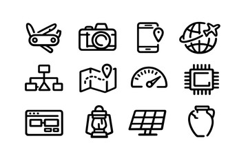 Black line icons set featuring travel tools technology energy and historical artifacts on white background