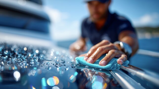 Uniformed yacht crew polishing chrome rail in marine setting