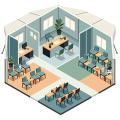 Isometric view of a large, multi-room tent structure designed for various professional and communal activities.