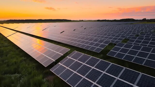 Golden Hour Array: A sprawling solar panel array at dusk, bathed in the soft glow of the setting sun, signifying sustainable energy and environmental consciousness.